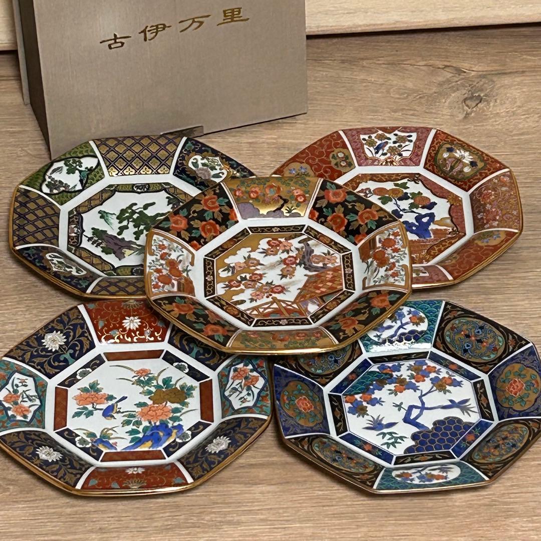 【元箱 未使用】　有田焼　青藍窯　古伊万里紋 絵変り　八角皿　5枚揃