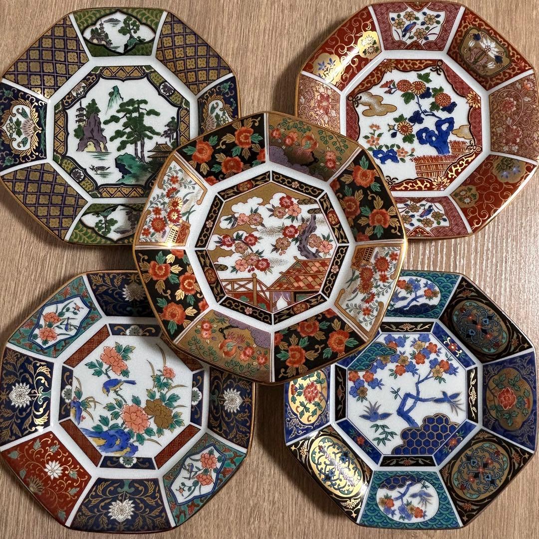 【元箱 未使用】　有田焼　青藍窯　古伊万里紋 絵変り　八角皿　5枚揃