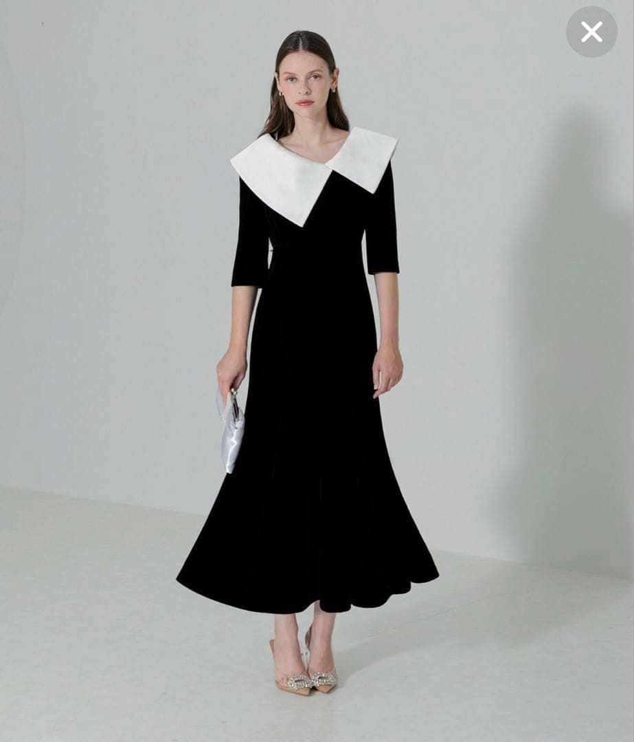 あゆ　配色アシンメトリービッグカラーベロアマーメイドシルエットドレス