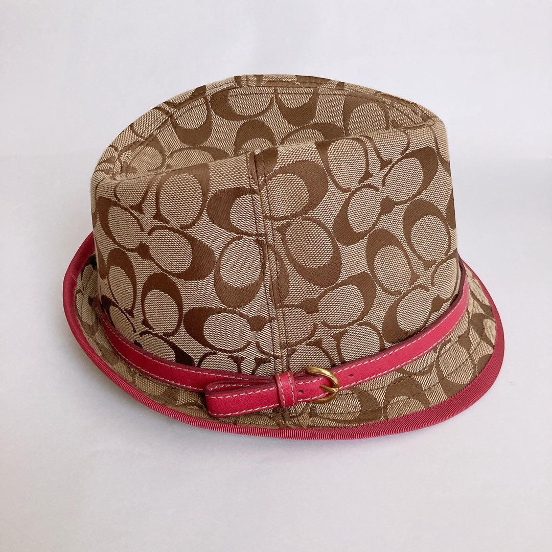 未使用　COACH トリルビーハット　シグネチャー　ピンク ブラウン系　帽子　S