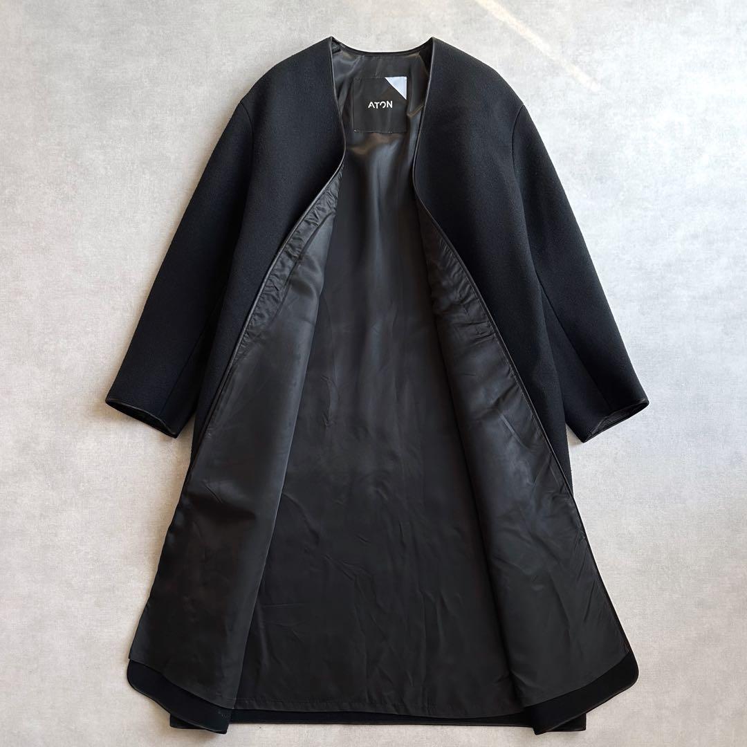 美品▲定価9.7万円▲ATON エイトン//ノーカラーウールメルトンコート 黒