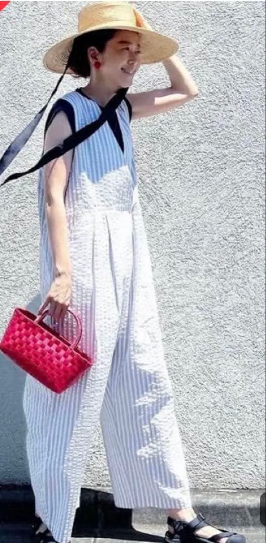 ネストローブ　nest Robe シアサッカーストライプオールインワン