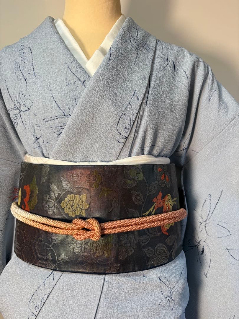 銀座　英　はなぶさ　ちりめん　袷　　 　小紋　トールサイズ　身丈162㎝　ブルー