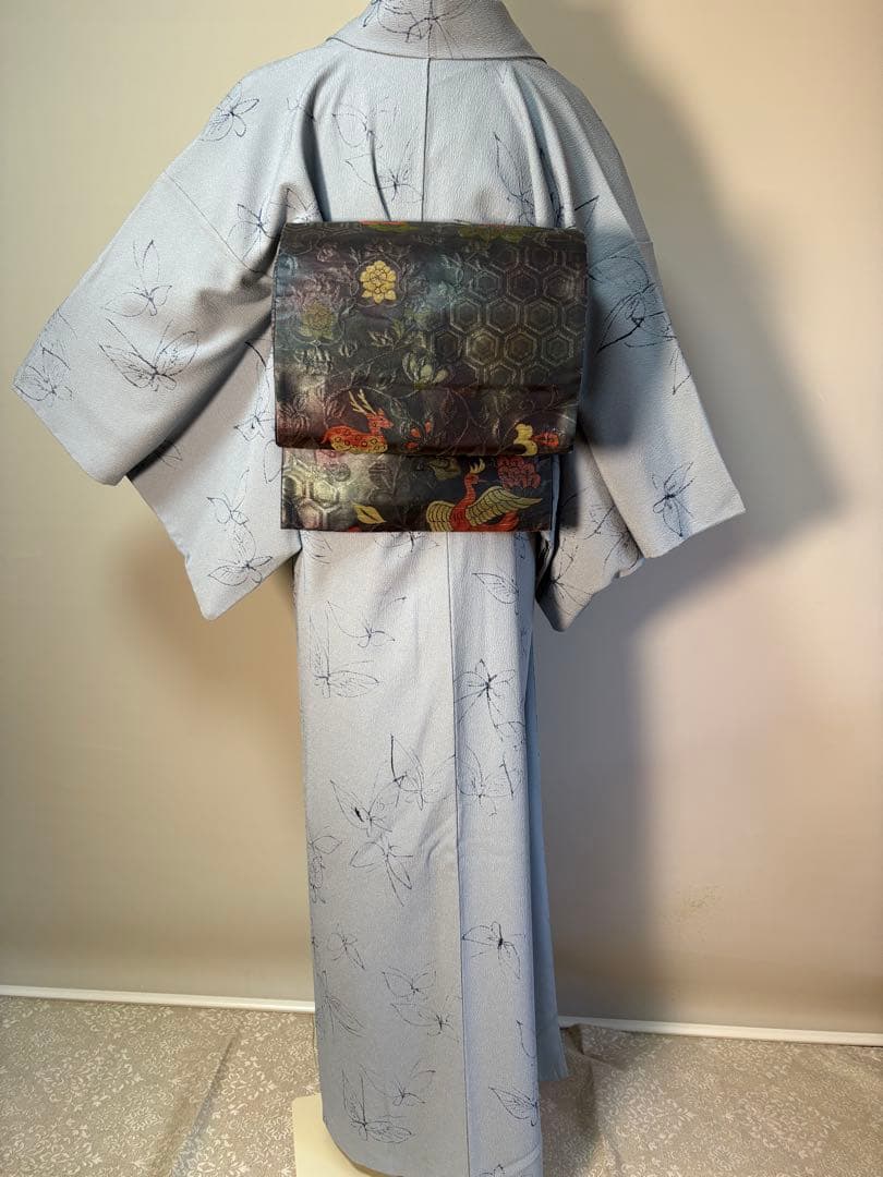 銀座　英　はなぶさ　ちりめん　袷　　 　小紋　トールサイズ　身丈162㎝　ブルー