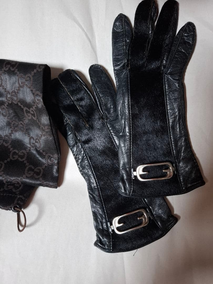 GUCCI オールドグッチ ハラコ レザーグローブ 手袋 ブラック GGロゴ