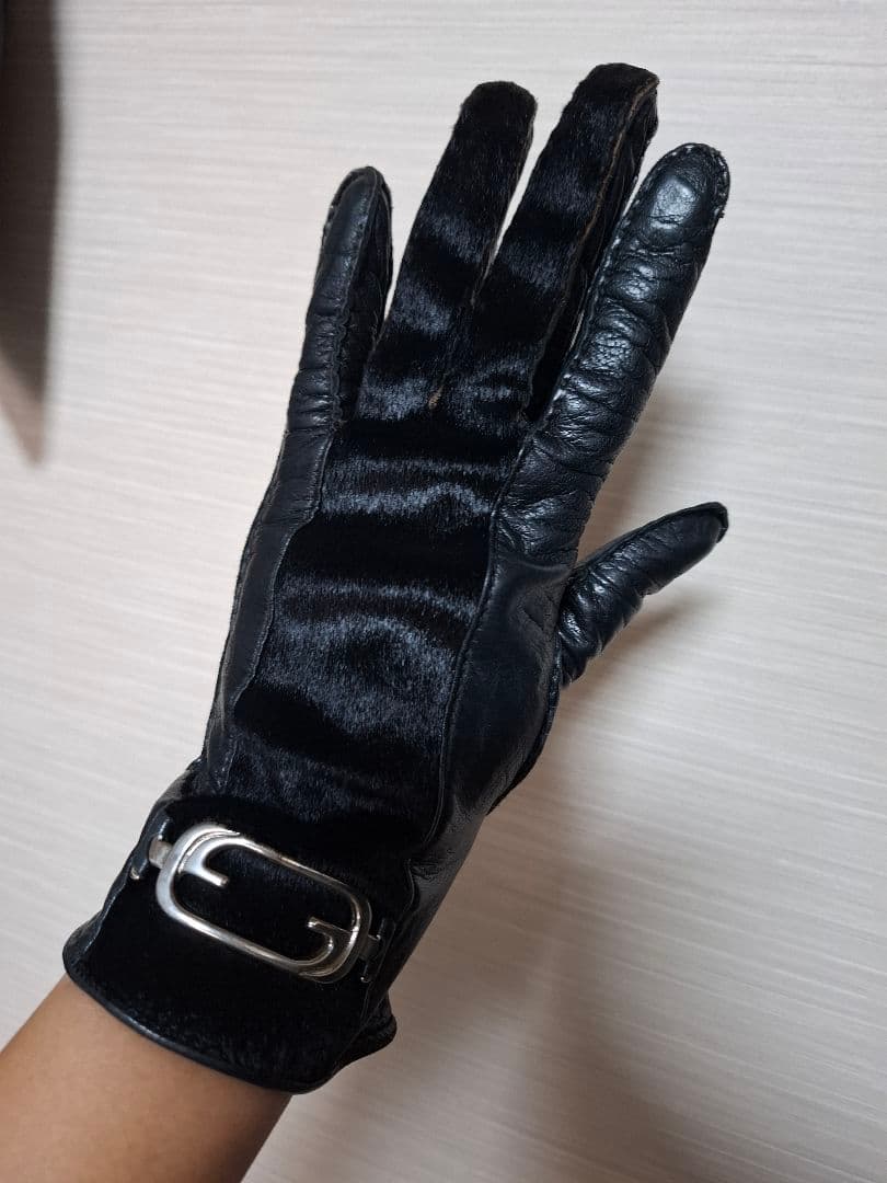 GUCCI オールドグッチ ハラコ レザーグローブ 手袋 ブラック GGロゴ
