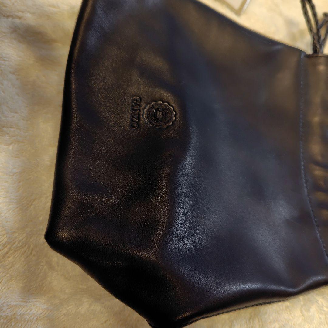 未使用　GANZO 巾着型レザーバッグ 黒　保証書付き