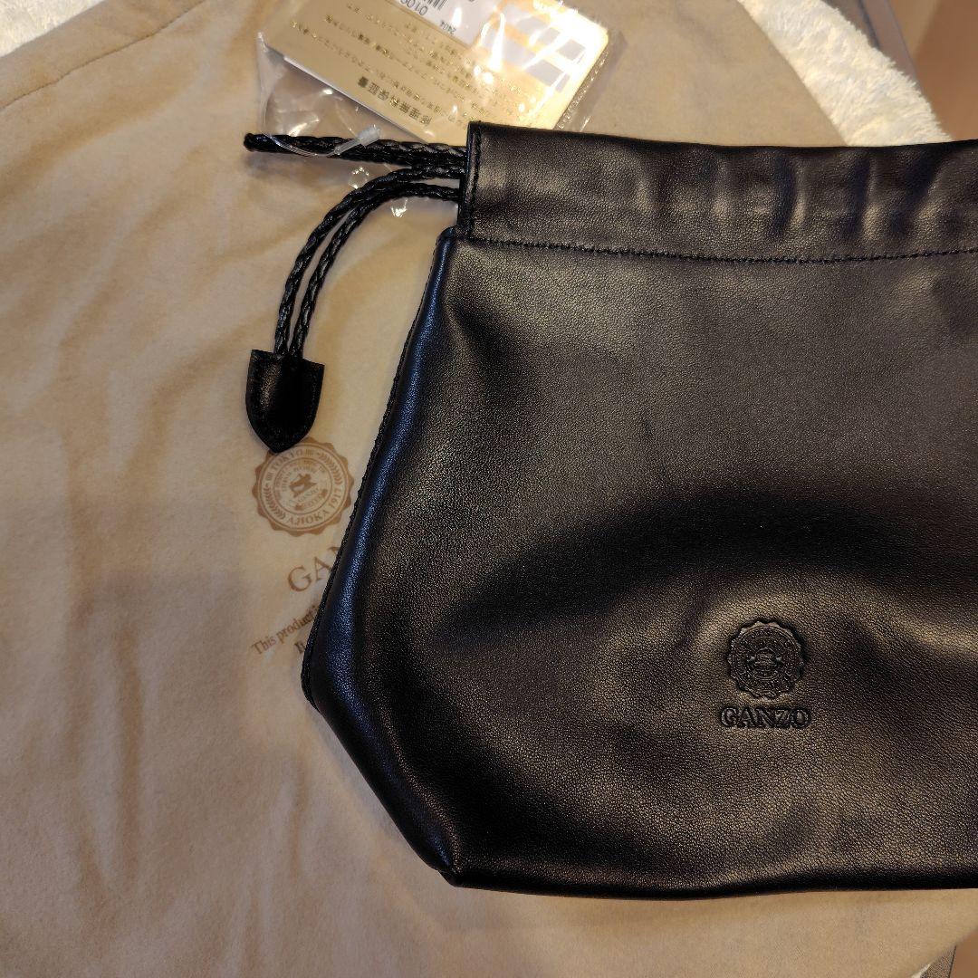 未使用　GANZO 巾着型レザーバッグ 黒　保証書付き
