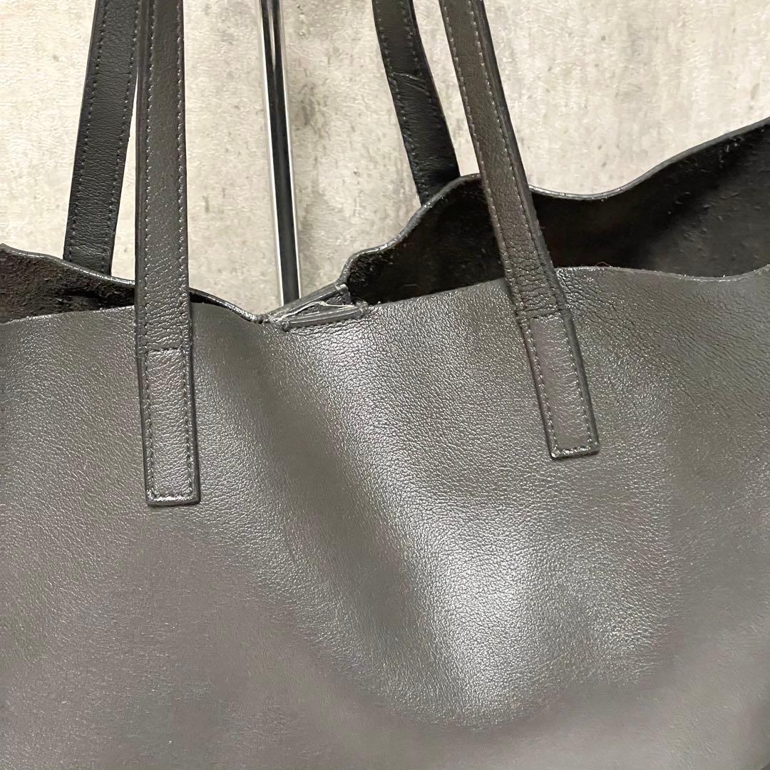 サンローラン サックショッピングトートバッグ ポーチ付 レザー チャコールグレー