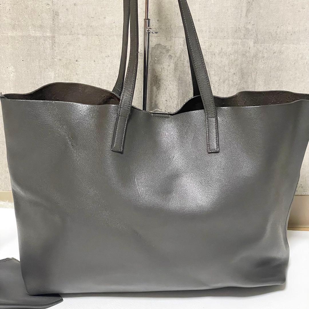 サンローラン サックショッピングトートバッグ ポーチ付 レザー チャコールグレー