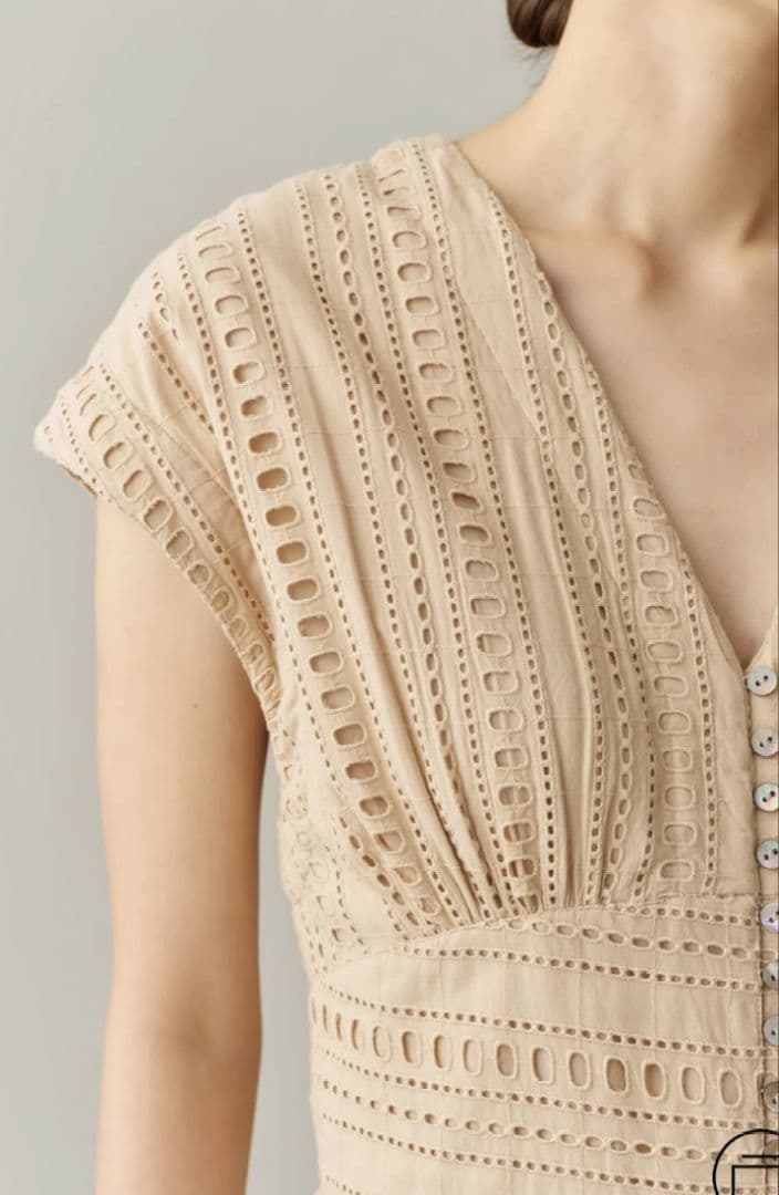 ヌキテパ　ストライプカットワークオールインワン　ネイビー