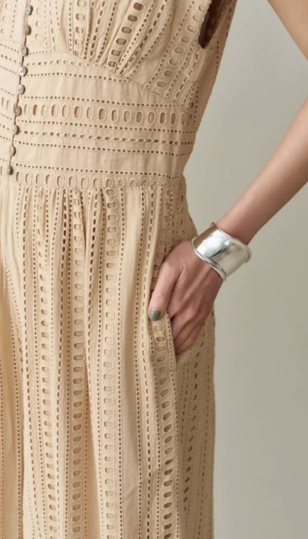 ヌキテパ　ストライプカットワークオールインワン　ネイビー