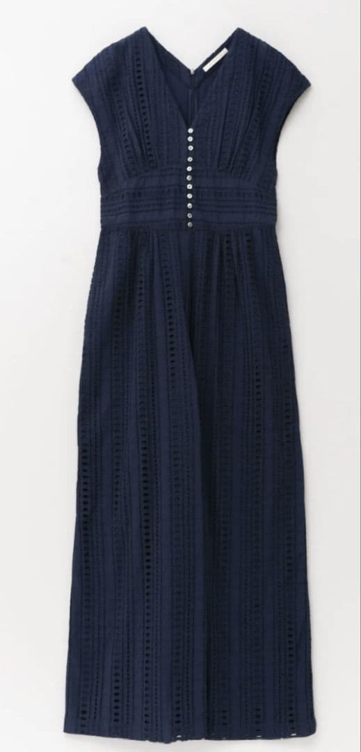 ヌキテパ　ストライプカットワークオールインワン　ネイビー