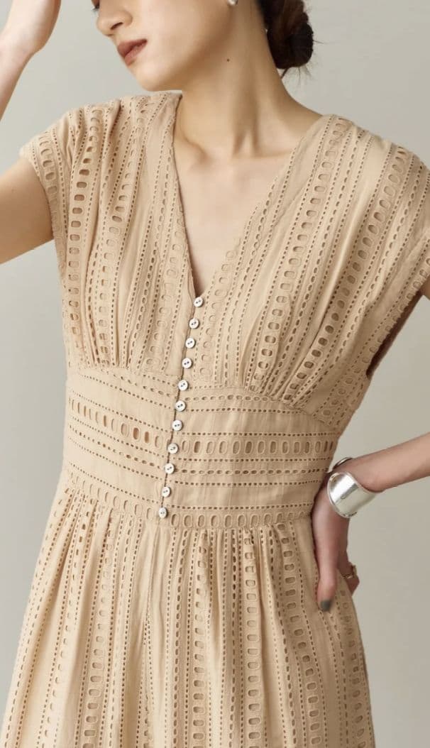 ヌキテパ　ストライプカットワークオールインワン　ネイビー