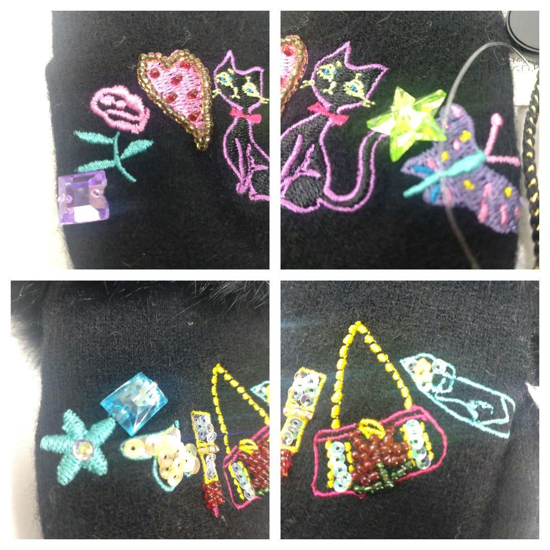 新品タグ付 シンクビー 手袋 猫 刺繍 カシミヤ混 ラビットファー 黒