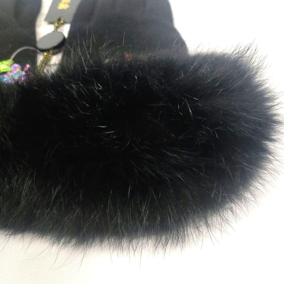 新品タグ付 シンクビー 手袋 猫 刺繍 カシミヤ混 ラビットファー 黒