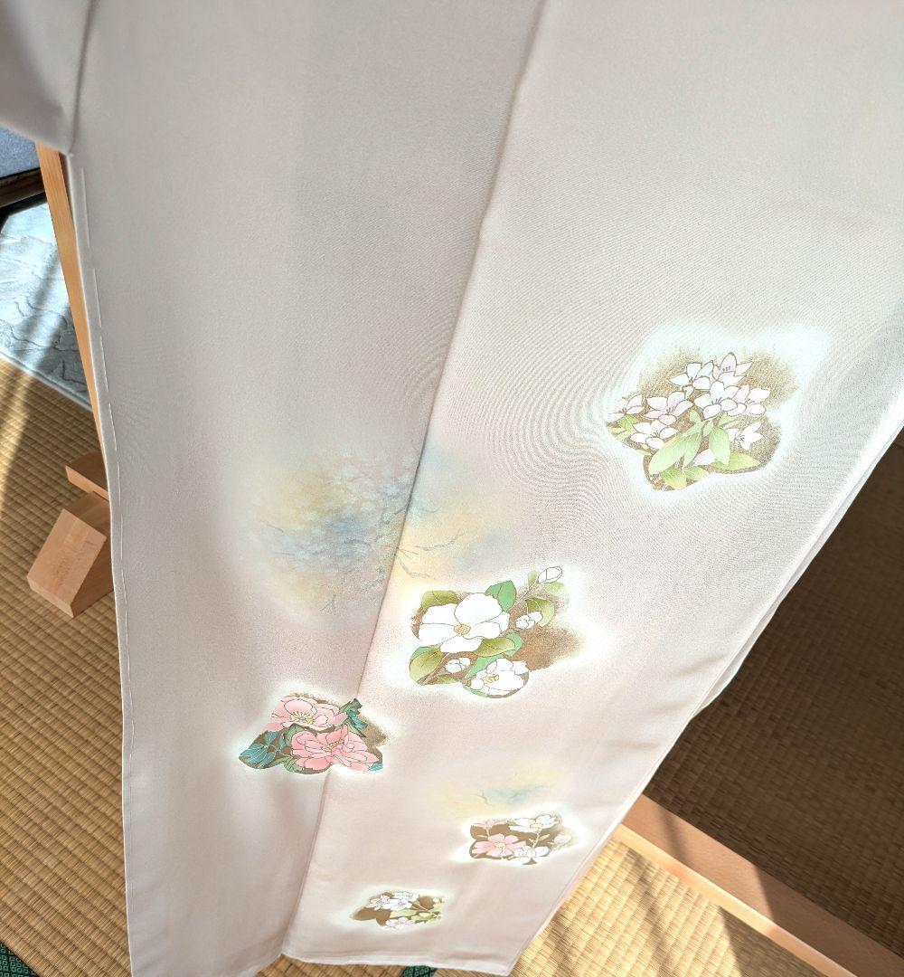 正絹京友禅染め手書き付下　ピンクベージュ季節の花お仕立て上がり