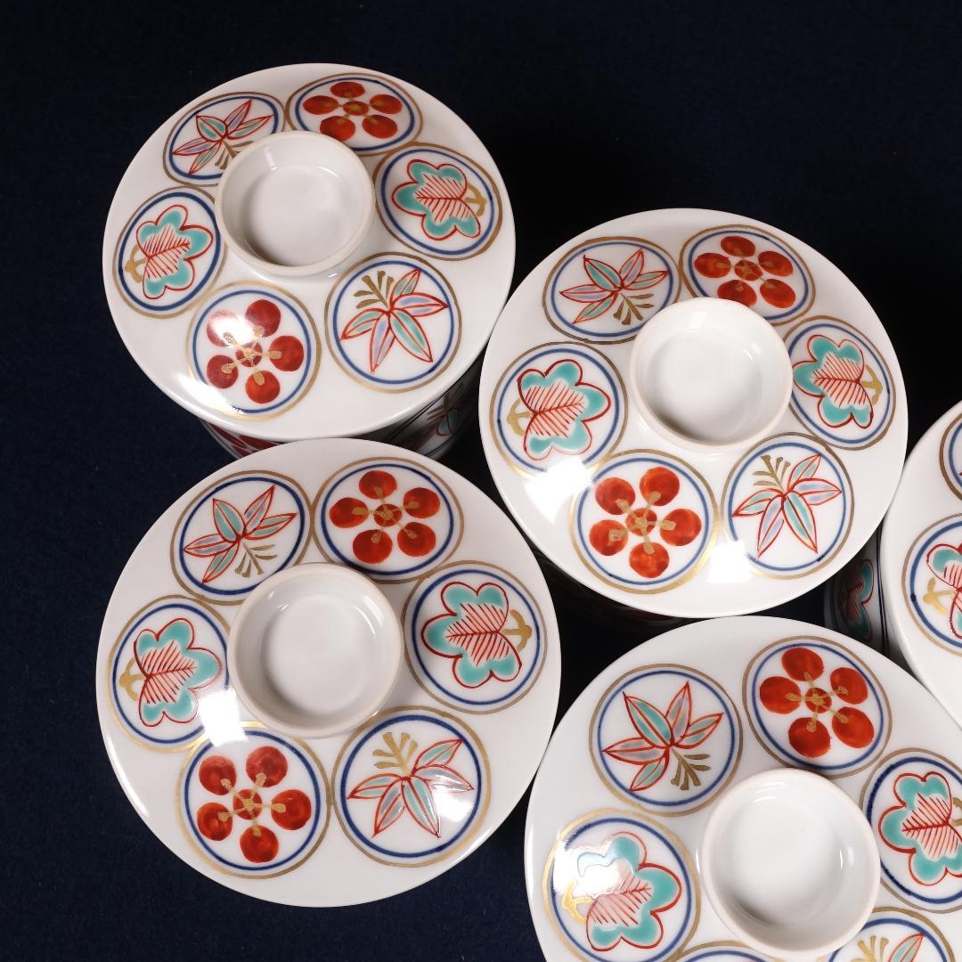 京焼 名工 宮永東山 赤絵松竹梅文 蓋茶碗 5客 共箱