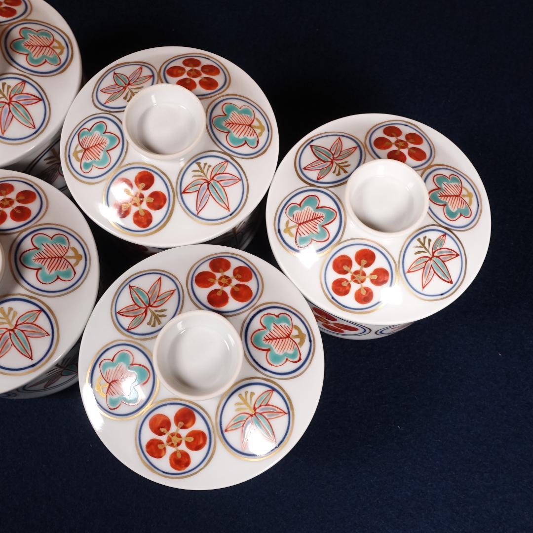 京焼 名工 宮永東山 赤絵松竹梅文 蓋茶碗 5客 共箱