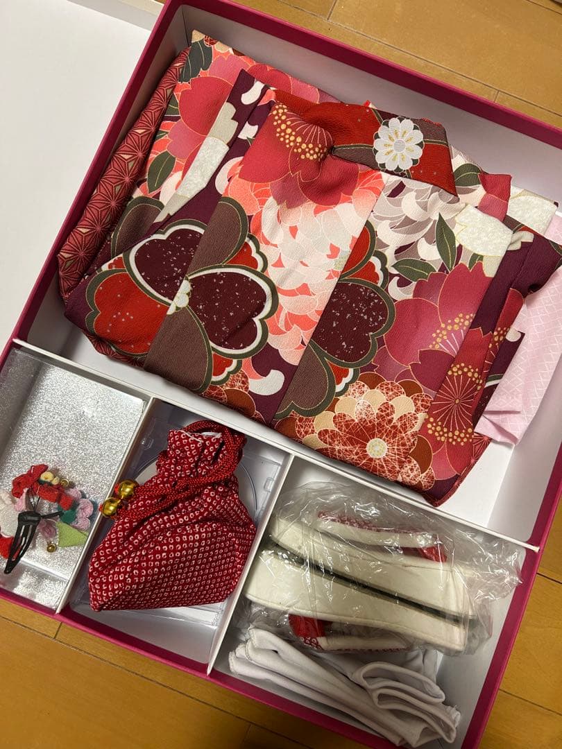 赤系花柄着物 3歳女の子 被布セット