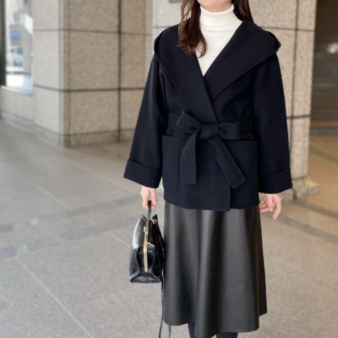 M-premierBLACK ウールベルテッドフーディコート