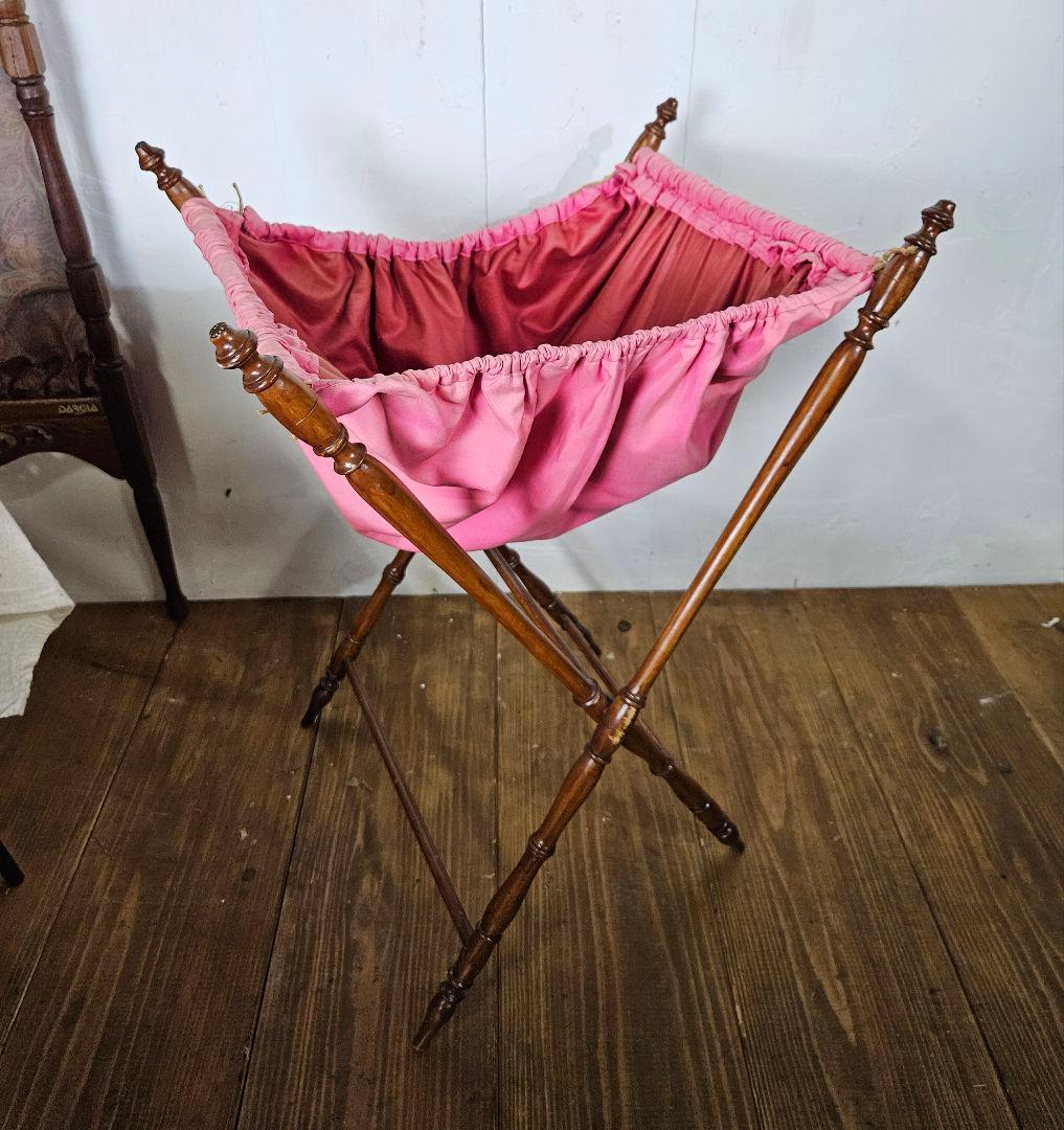 フランスアンティーク ソーイングスタンド 木製×ファブリック 小物入れ