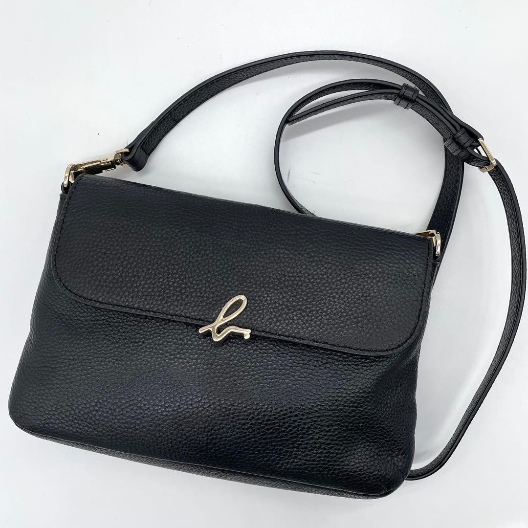 【極美品】アニエスベー　ショルダーバッグ　ロゴ　ゴールド金具　レザー　ブラック