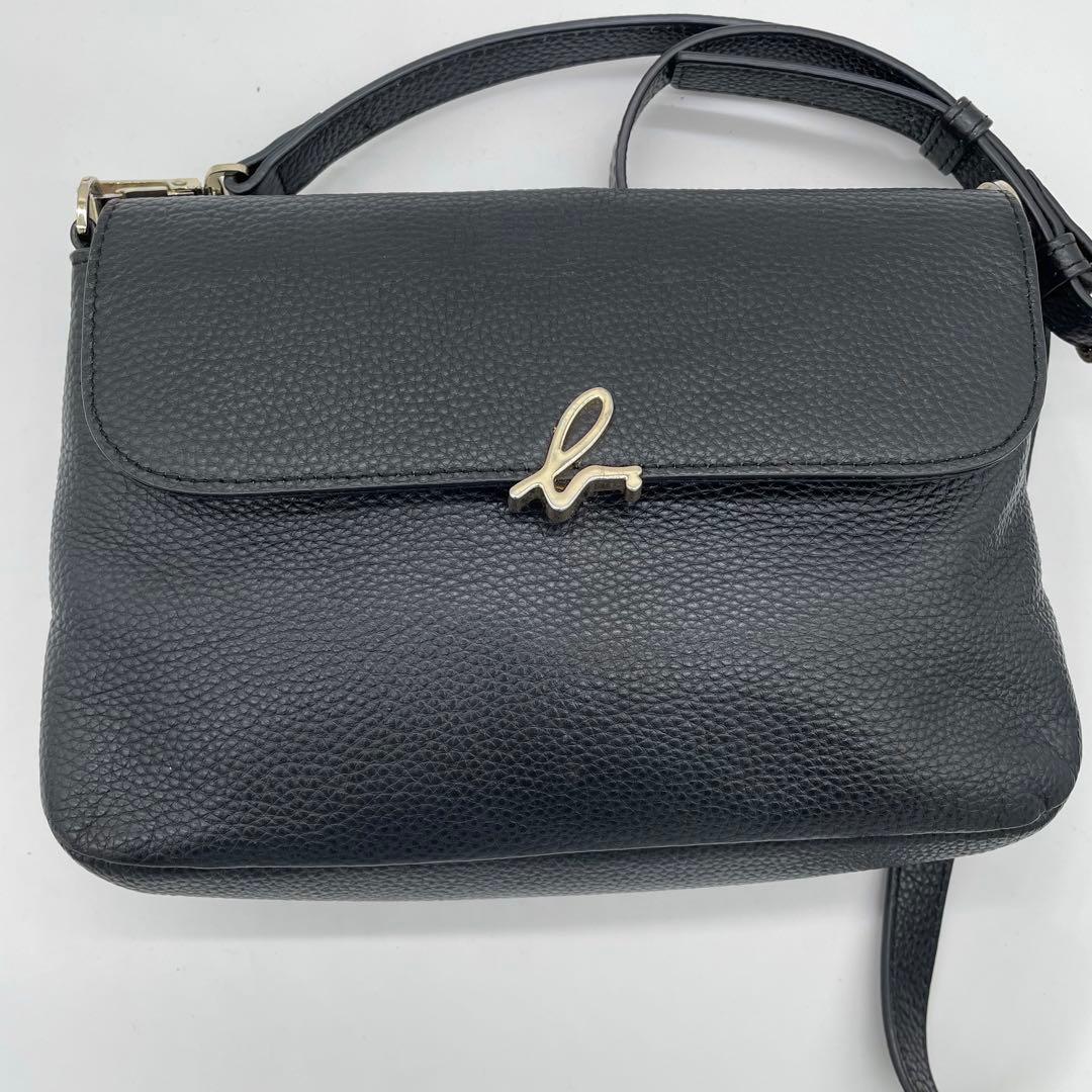 【極美品】アニエスベー　ショルダーバッグ　ロゴ　ゴールド金具　レザー　ブラック