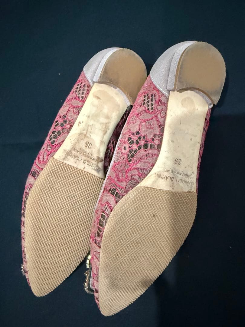 MANOLO BLAHNIK ピンクレースフラットシューズ 35ロンハーマン
