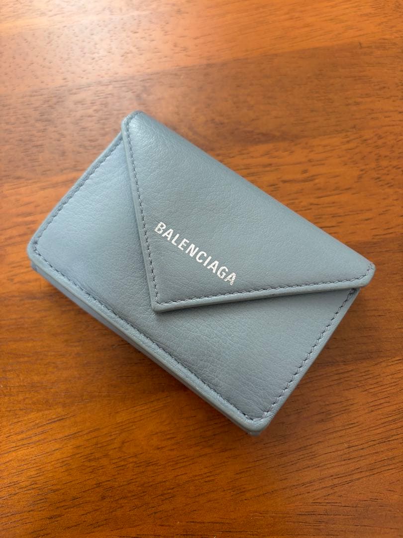 BALENCIAGA ペーパーミニウォレット　三つ折りミニ財布　ブルーグレー