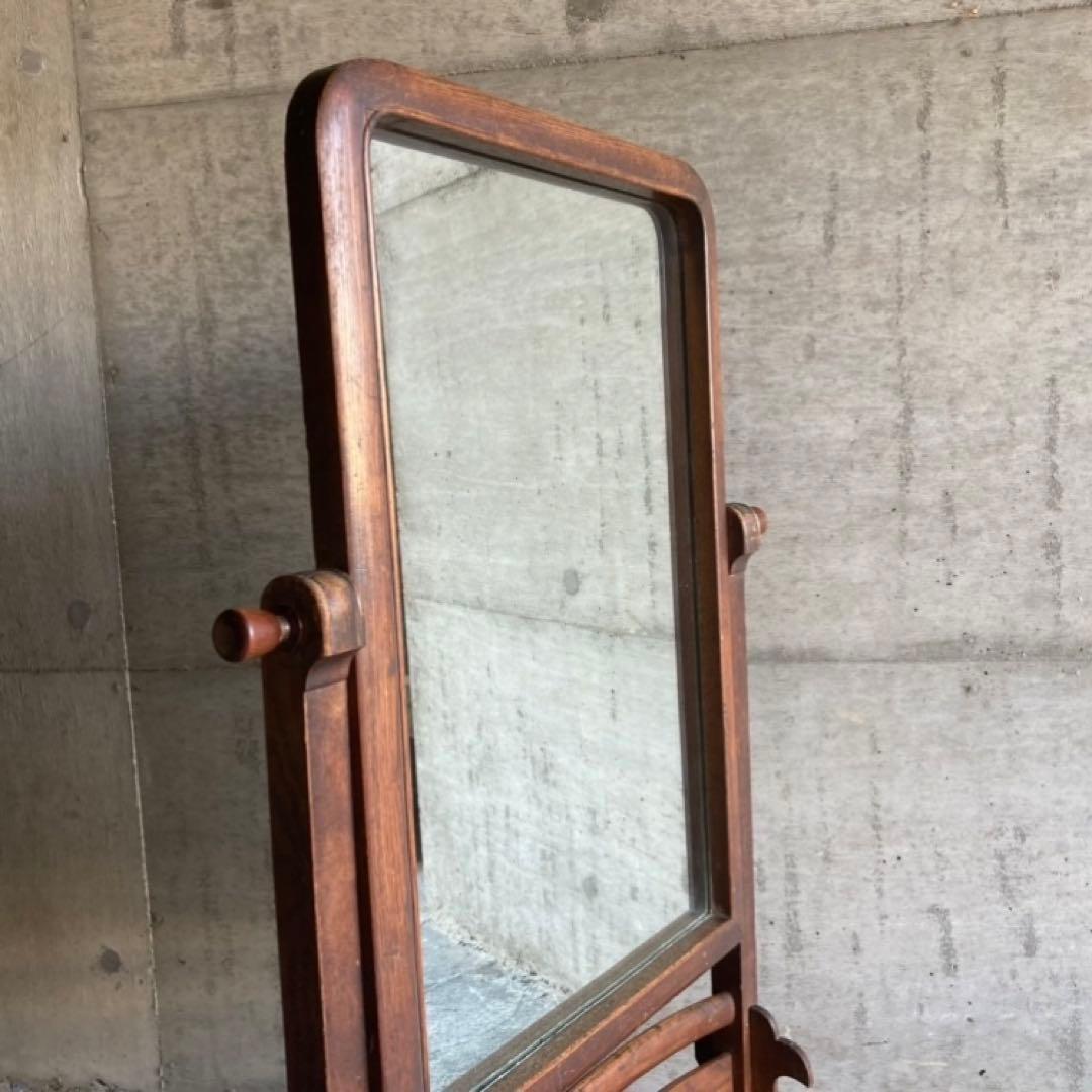 古い鏡台 姿見 ドレッサー スタンド 木製 欅 透かし彫り レトロ アンティーク