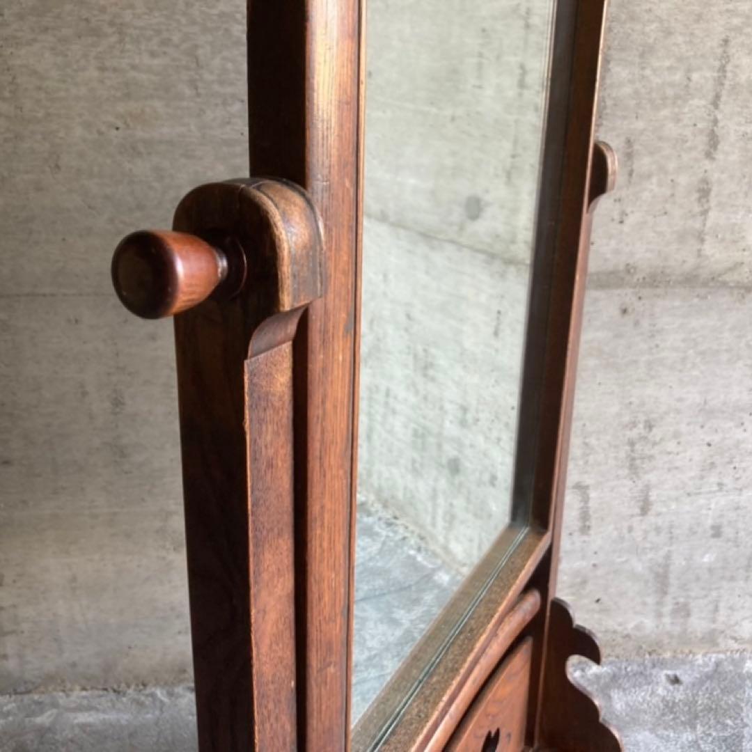 古い鏡台 姿見 ドレッサー スタンド 木製 欅 透かし彫り レトロ アンティーク