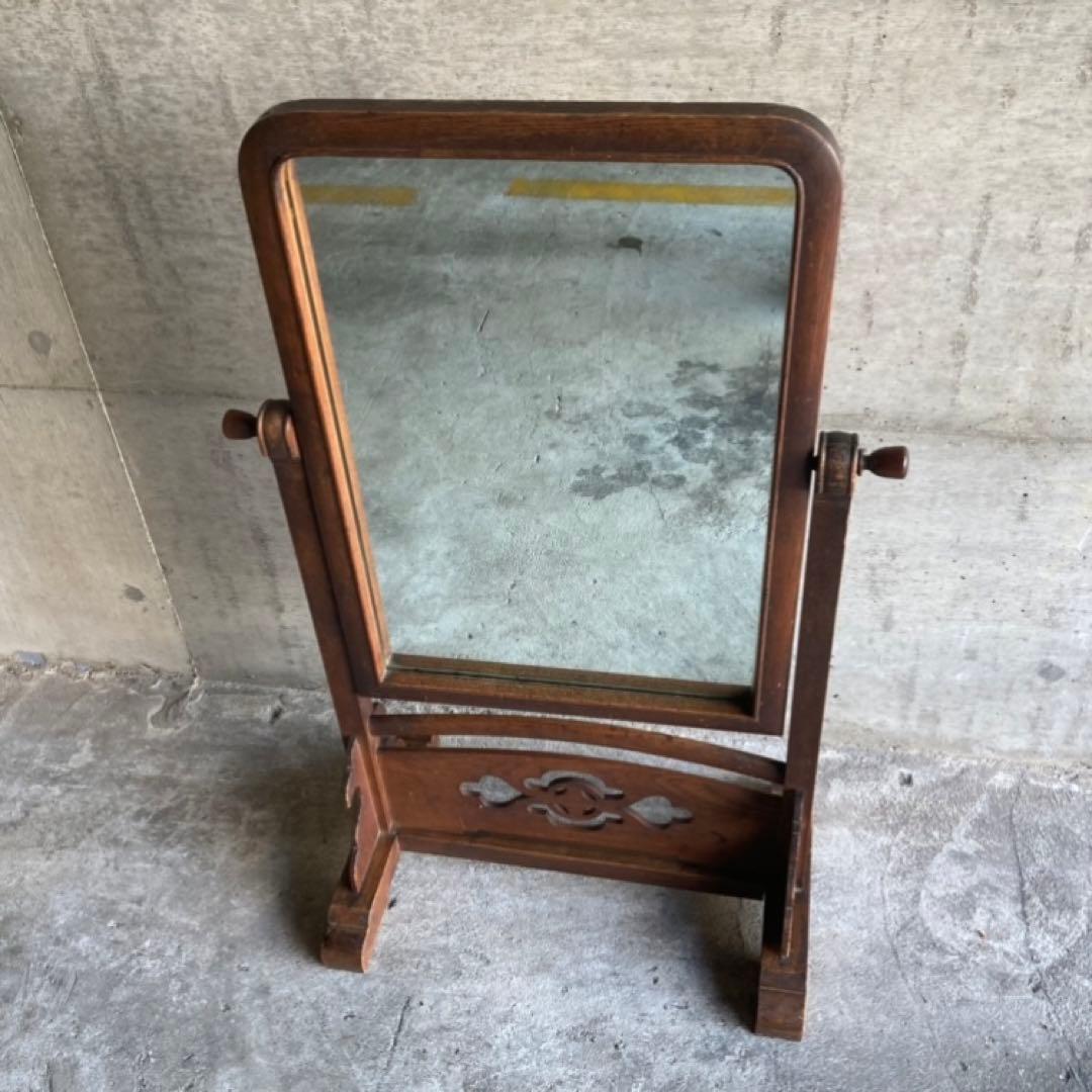 古い鏡台 姿見 ドレッサー スタンド 木製 欅 透かし彫り レトロ アンティーク