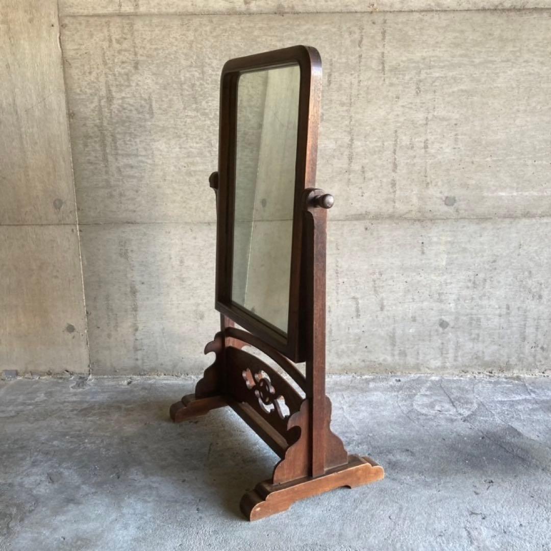 古い鏡台 姿見 ドレッサー スタンド 木製 欅 透かし彫り レトロ アンティーク