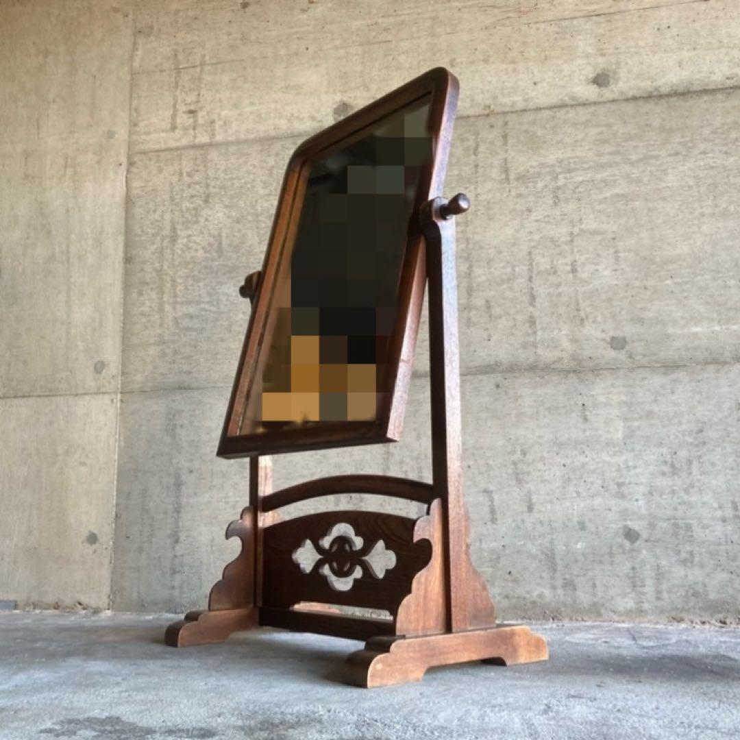 古い鏡台 姿見 ドレッサー スタンド 木製 欅 透かし彫り レトロ アンティーク
