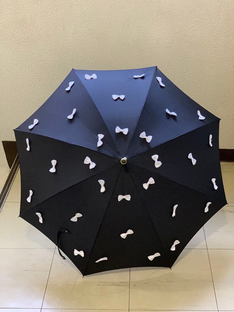 ギィドゥジャン雨晴日傘フランス製黒×白リボン付き晴雨兼用長傘生地張り替え済み