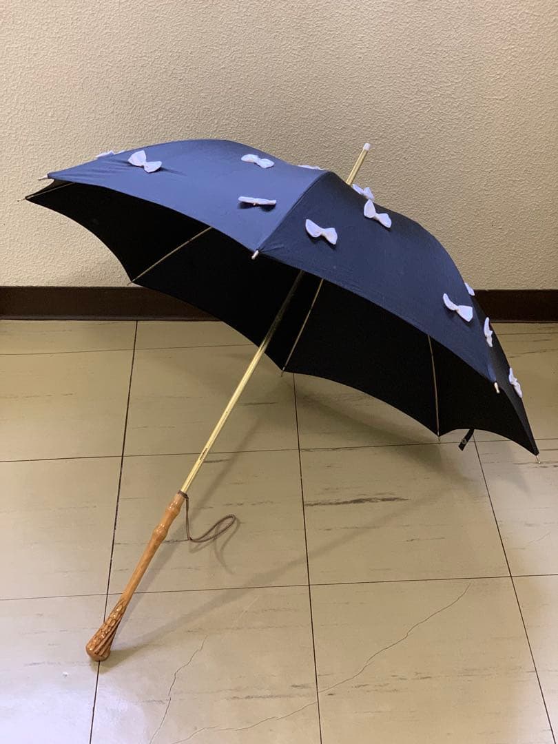 ギィドゥジャン雨晴日傘フランス製黒×白リボン付き晴雨兼用長傘生地張り替え済み