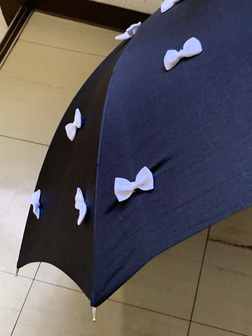 ギィドゥジャン雨晴日傘フランス製黒×白リボン付き晴雨兼用長傘生地張り替え済み