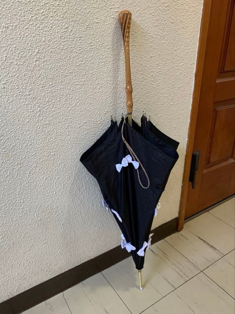 ギィドゥジャン雨晴日傘フランス製黒×白リボン付き晴雨兼用長傘生地張り替え済み