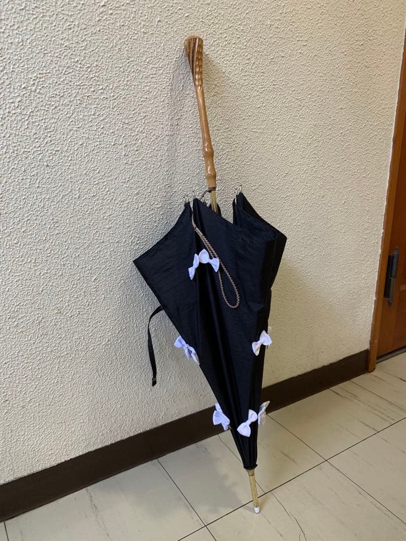 ギィドゥジャン雨晴日傘フランス製黒×白リボン付き晴雨兼用長傘生地張り替え済み