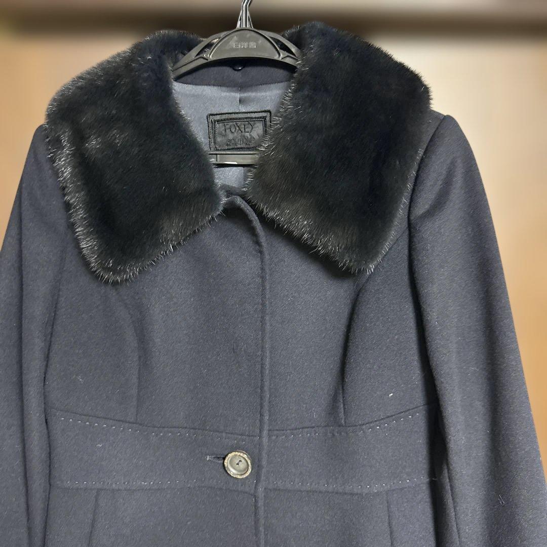 美品 FOXEY濃紺ファー襟 カシミヤロングコート