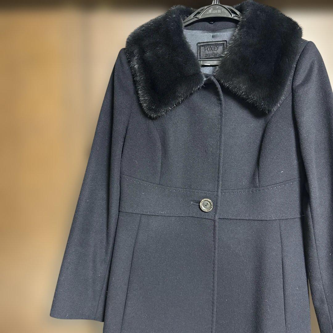 美品 FOXEY濃紺ファー襟 カシミヤロングコート