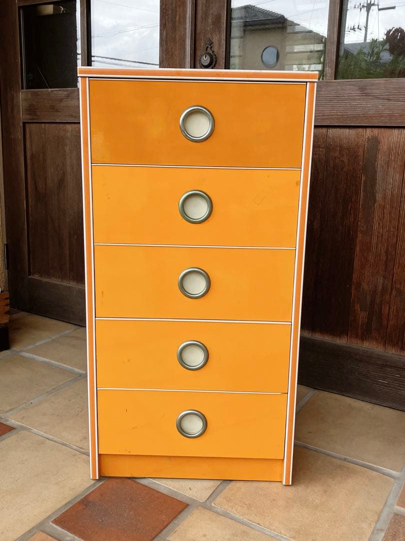 昭和レトロ オレンジ色 引き出し収納 チェスト 箪笥5段 レトロポップ 当時物