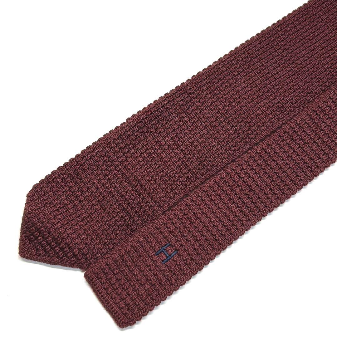 【新品タグ付き✨】エルメス ネクタイ ニットタイ レッド ロゴ刺繍 無地 シルク