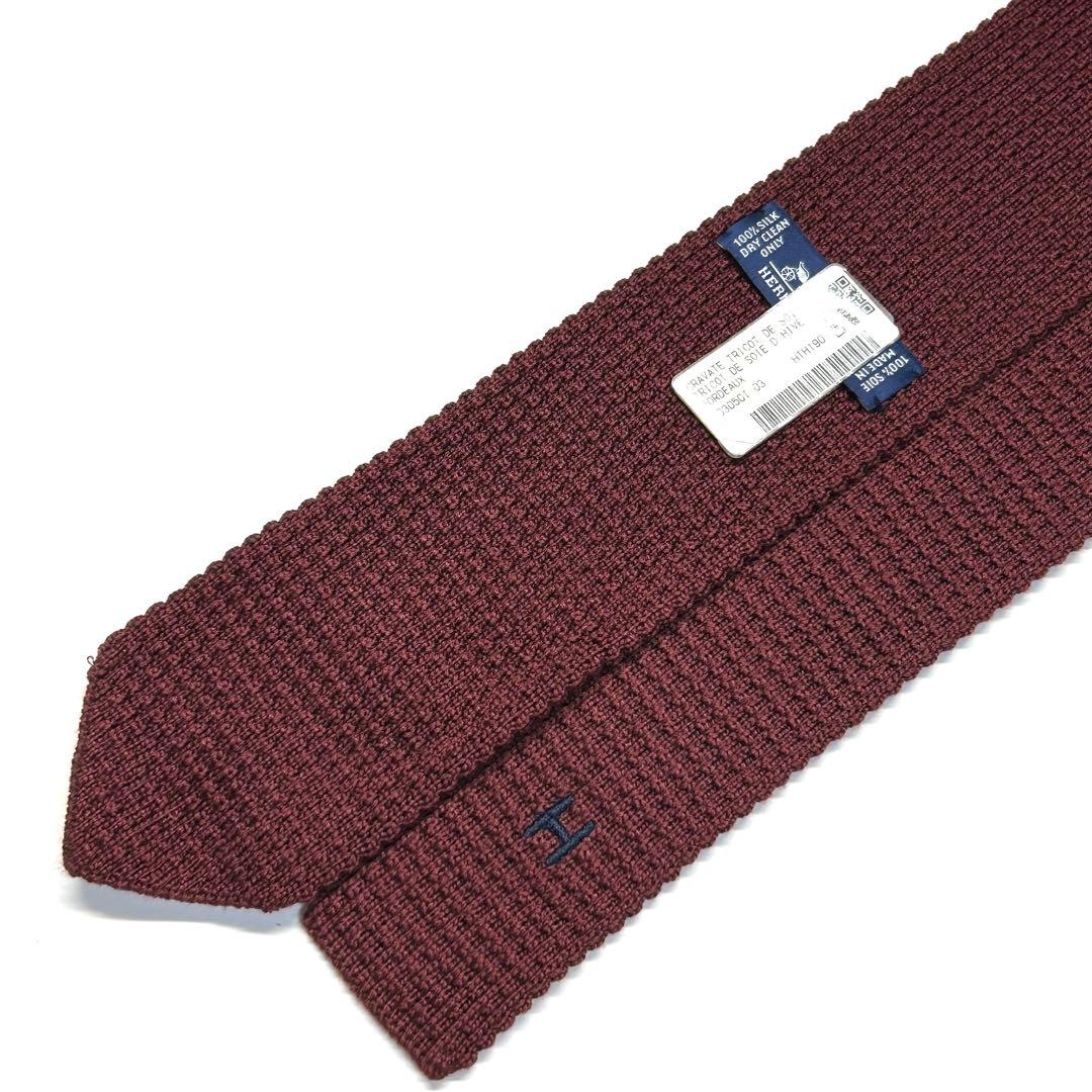 【新品タグ付き✨】エルメス ネクタイ ニットタイ レッド ロゴ刺繍 無地 シルク