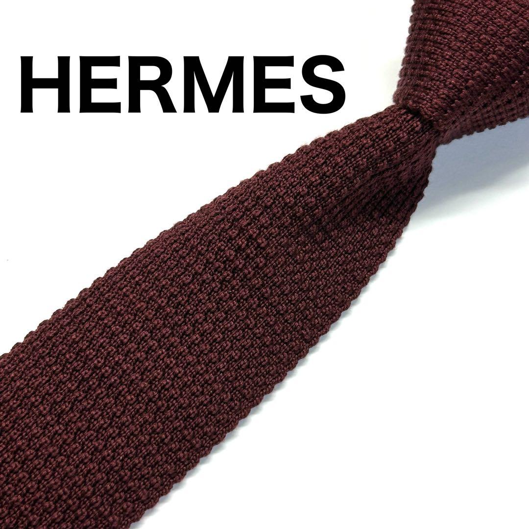 【新品タグ付き✨】エルメス ネクタイ ニットタイ レッド ロゴ刺繍 無地 シルク