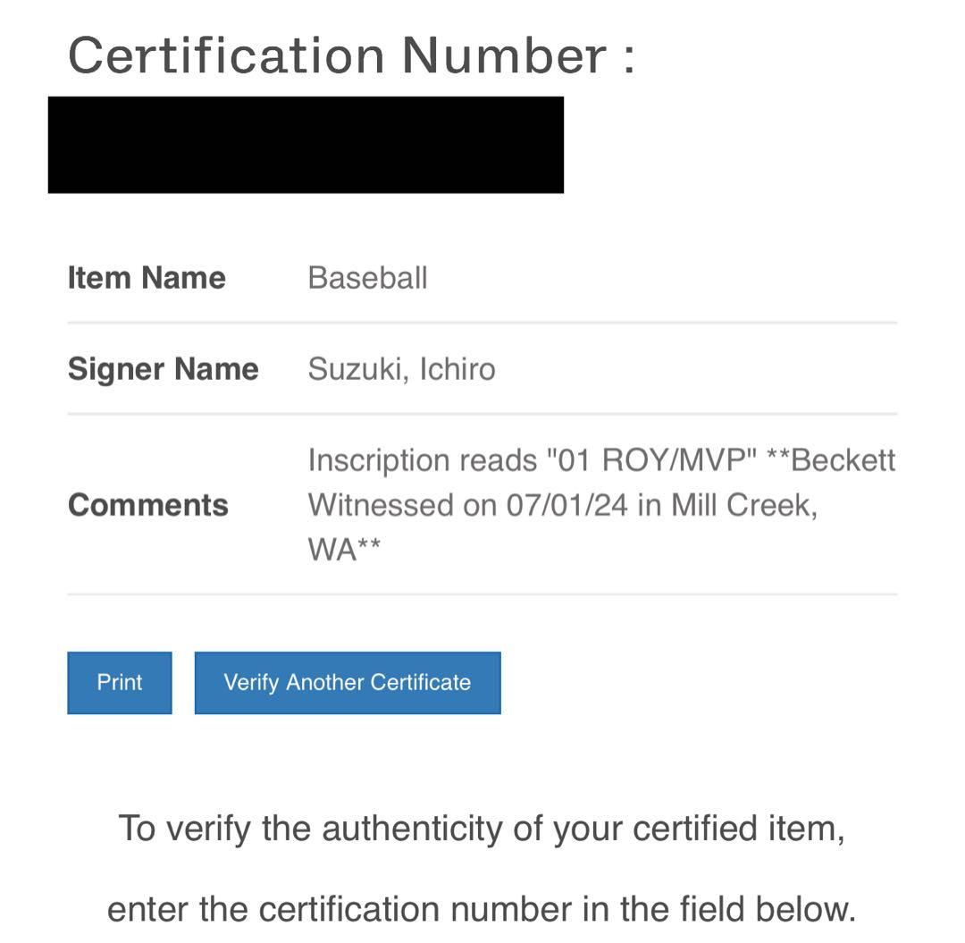 限定値下げ　認証付き イチロー マリナーズ MVP ROY 直筆サイン