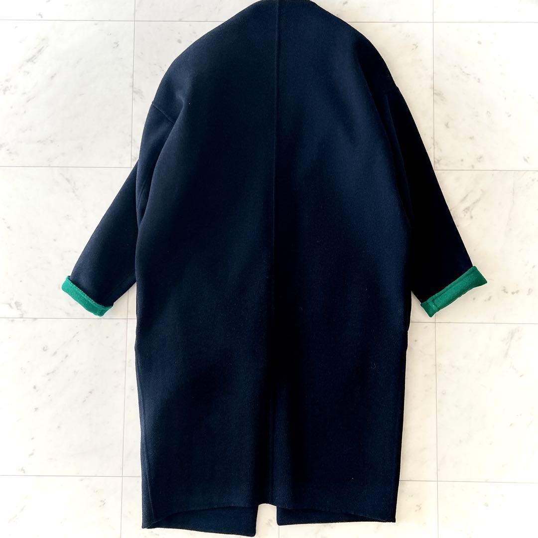 美品 エンフォルド ウールリバーノーカラーコート 36 コクーンシルエット 紺