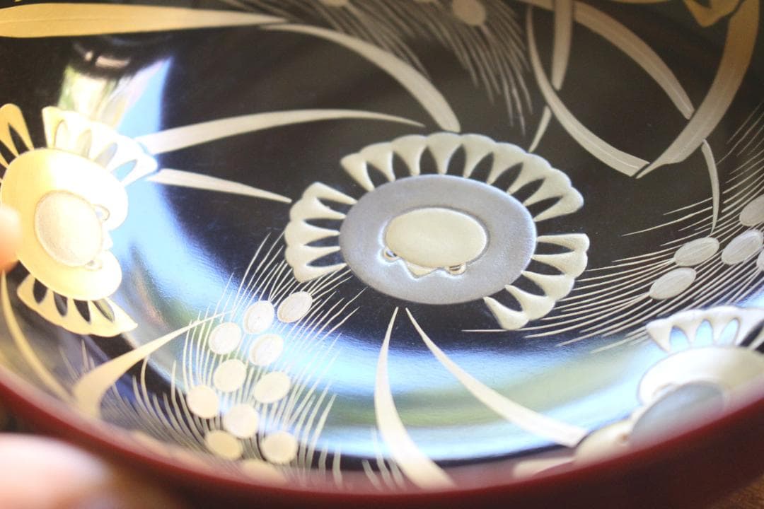 デッドストック！深みある糸目紅溜塗に極上稲穂福来雀蒔絵のお椀2点（検輪島塗雑煮椀