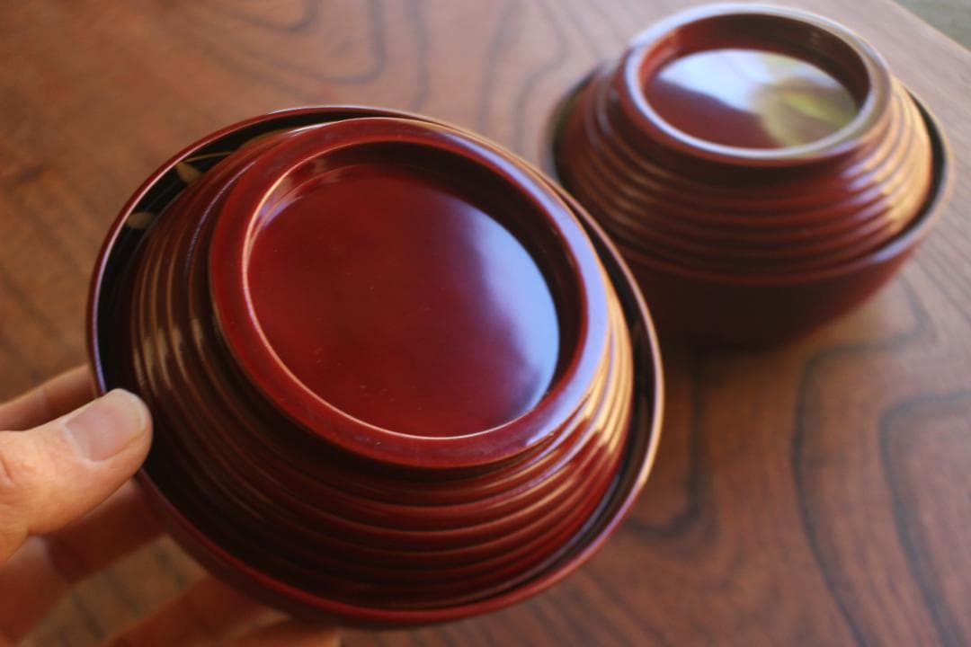 デッドストック！深みある糸目紅溜塗に極上稲穂福来雀蒔絵のお椀2点（検輪島塗雑煮椀